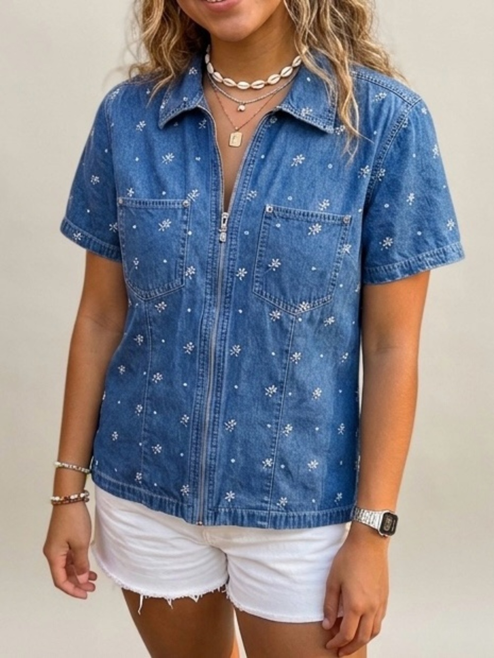 Denim&Co Blue Short-Sleeve Embroidered Zip Front Denim Shirt Large